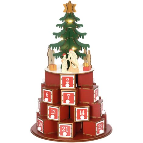 Calendrier de l'Avent Sapin de Noël avec 10 Guirlandes Lumineuses LED, 22x22x35 cm, Contreplaqué, Rouge Vert Jaune