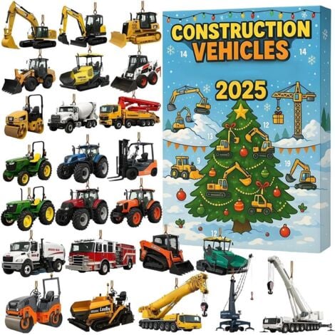 KZQ Calendrier de l'Avent sur le thème des engins de chantier - 2025, 24 pièces avec mini pendentifs en acrylique