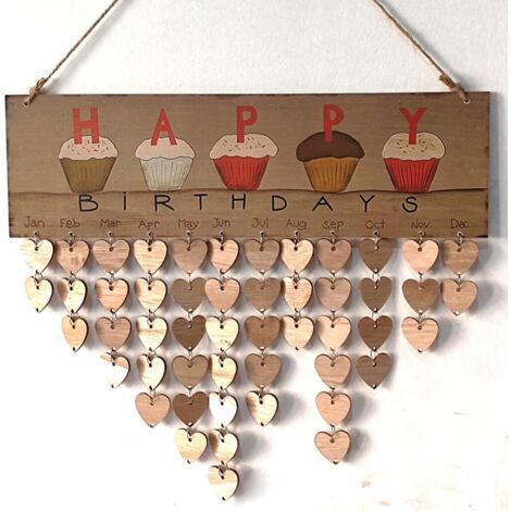Calendrier en bois pour anniversaire de famille et amis - Plaque murale - Décoration murale en bois - Impression marron - Gâteau d'anniversaire