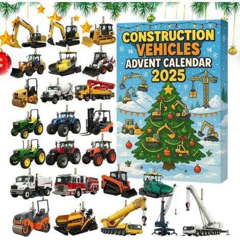 KZQ Calendrier l'Avent 2025 sur thème véhicules chantier,compte rebours Noël de 24 jours avec camion,pour enfants passionnés véhicules