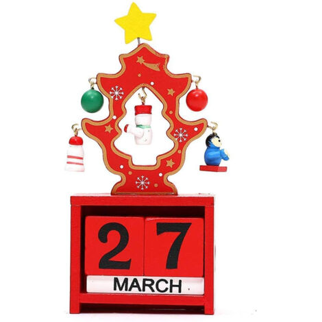 Calendrier perpétuel de Noël en bois design, cubes rustiques avec motif sapin pour décoration bureau ou maison (rouge)