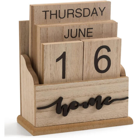 Calendrier Perpétuel en Bois Bloc Vintage - Affichage Semaine Mois Date pour Bureau Décoration Maison (Couleur Naturelle)