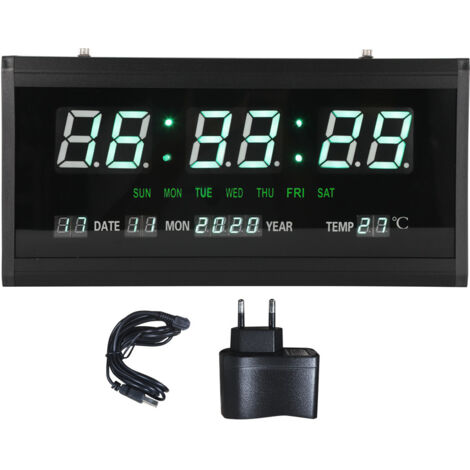 Calendrier Perpétuel Numérique LED à Suspendre, Horloge Murale pour Salon et Bureau, Cadre Noir, Chiffres Verts, Prise UE 110-220V