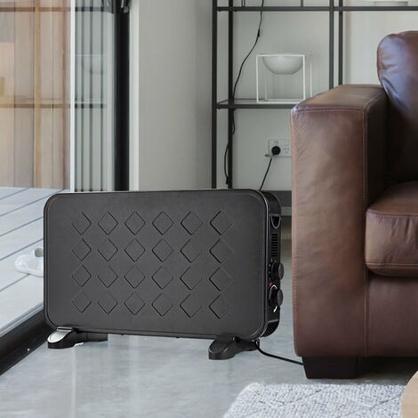 Calentador de confección negro Calentador de ventilador Salón Calefactor radiante Termostato ajustable, 2 posiciones de calor, función turbo, 1200W/2000W, HxWxD 39x60x26 cm