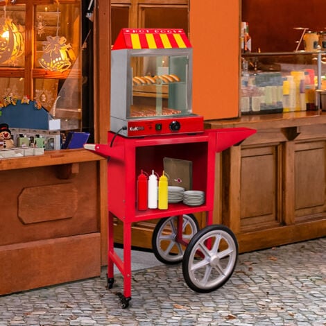 KUKOO Calentador de Perritos Calientes+Carrito Comercial para Eventos Máquina para Hot Dogs o Salchichas,Estante Extraíble,2 Bandejas,Termostato Ajustable 30– 110°C, 2000W,+Pinzas+3 Botellas de Salsa GRATIS