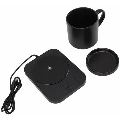 Calentador de tazas, calentador eléctrico de tazas de café, 55 ℃ de temperatura constante, alimentación por USB, con taza de cerámica, para oficina, 5 V, color negro