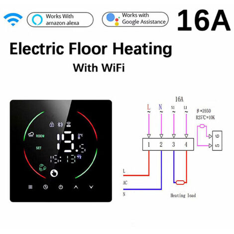 Calentador Eléctrico 16A Termostato WIFI Inteligente AC 90V-240V Pantalla Táctil Inteligente a Color Programable para Calentador Eléctrico, Tuya APP Control Remoto Móvil con Conexión de Voz para Hogar