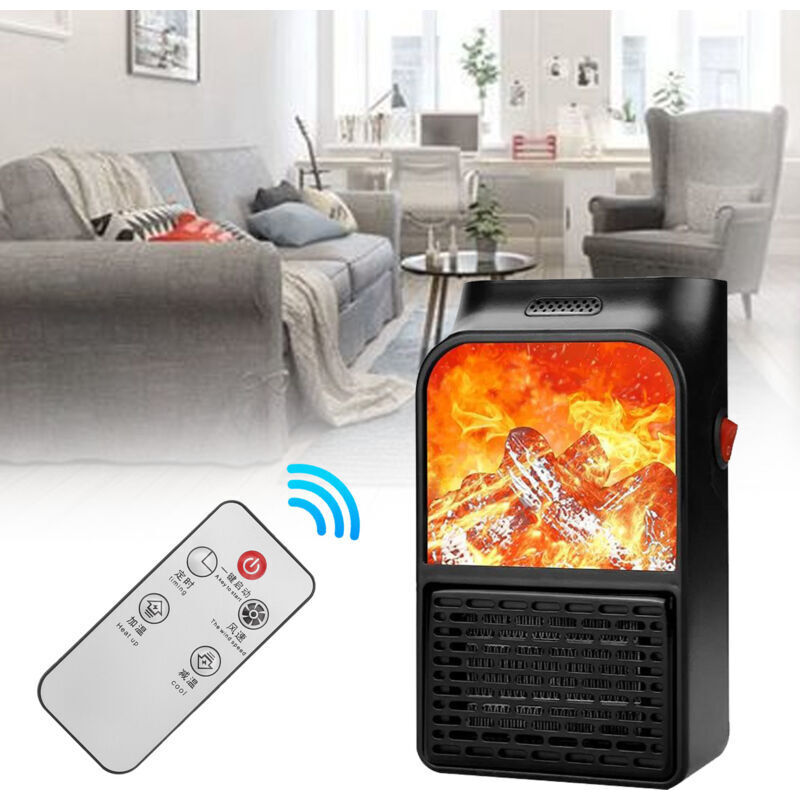 Xisrens Schwarz Calentador Eléctrico De Cerámica Portátil, 900 W, Ventilador Pequeño, Ptc, Para Chimenea, Con Llama Simulada, Enchufe Ue