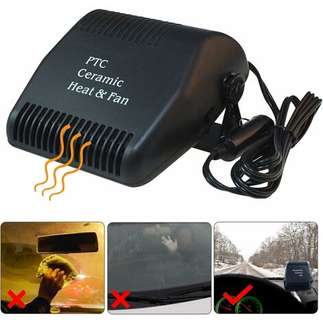 Calentador eléctrico para automóvil 2 en 1, descongelador portátil para automóvil Base giratoria de 180 ° Calentador de parabrisas portátil de bajo ruido para vehículos automotrices 12V 150W