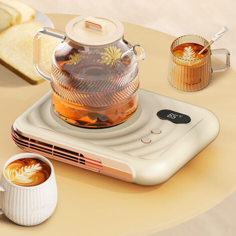Calentador termostático 2 en 1 para café y té con ventilador de aire caliente, estante de ABS/vidrio, 18 W/100 W, color beige, enchufe estadounidense de 110 V.