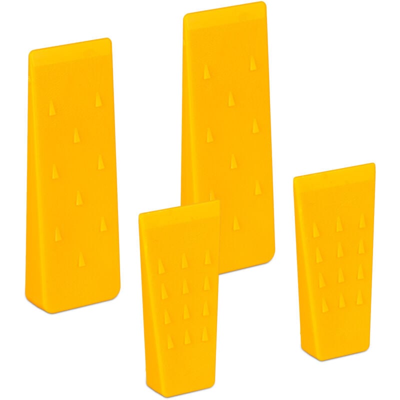 Cales d'abattage, lot de 4, 14 & 21 cm, plastique, coins dentelés, accessoires pour le fendage du bois, jaune - Relaxdays