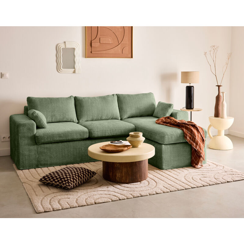 Lisa Design - Calgary - canapé d'angle déhoussable et modulable 3 places + 1 pouf en velours texturé - vert sauge