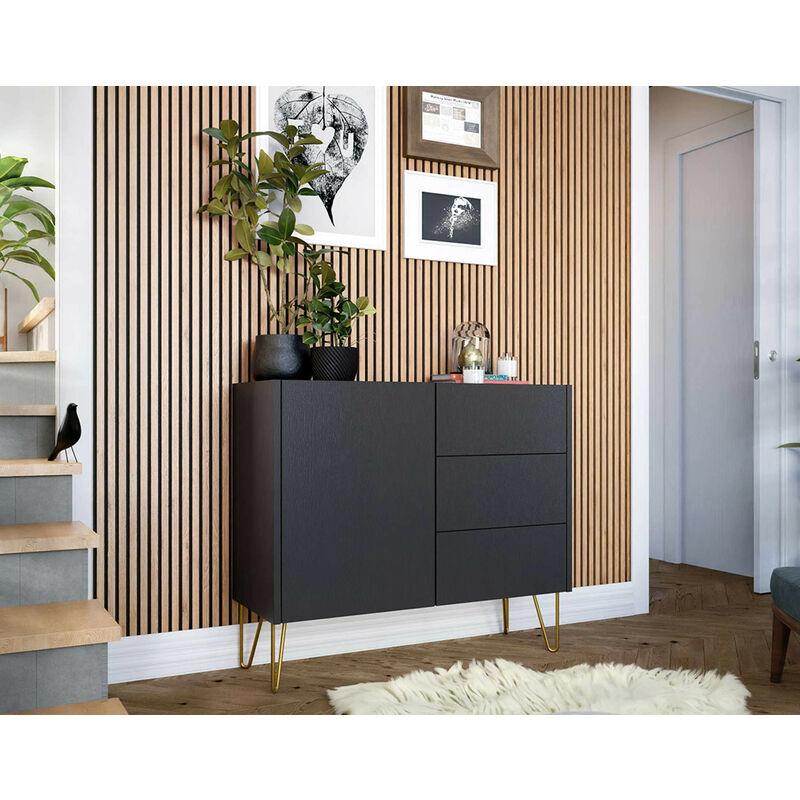 Bestmobilier - Cali - buffet bas - effet marbre - 97 cm - noir / doré