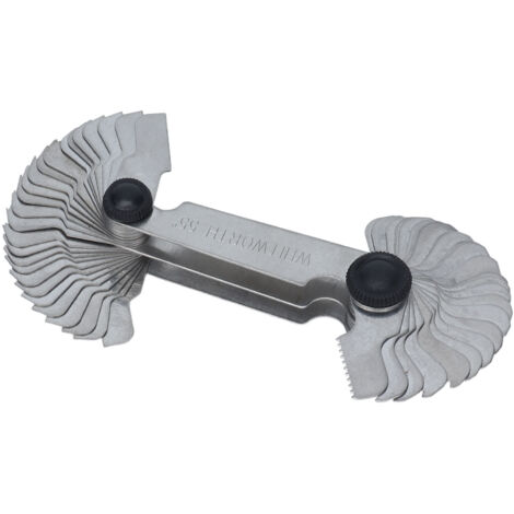 Calibrador de paso de rosca métrica, acero inoxidable plateado, para medición industrial.