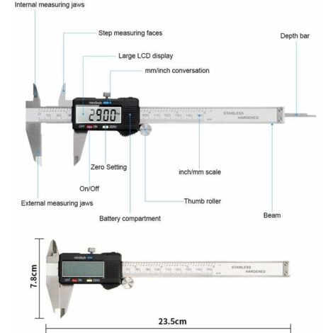 Calibrador digital de 1 pieza, 150 mm, acero inoxidable, pantalla LCD grande, precisión ajustable de 0,01 mm, conversión mm/pulgada, para uso doméstico e industrial (pila de botón incluida).
