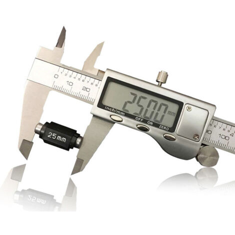 Calibrador digital electrónico de acero inoxidable, mide dimensiones internas y externas (profundidad, longitud, altura, espesor), escala métrica de 150 mm.