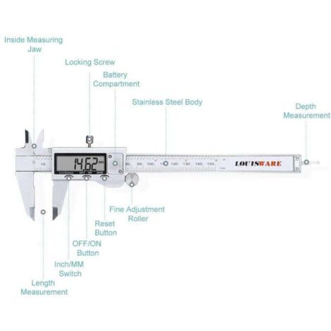 Calibrador electrónico digital Rosimo de acero inoxidable de 150 mm con pantalla LCD extragrande y conversión de pulgadas a unidades métricas.