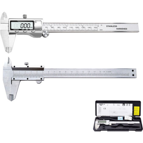 Calibrador Vernier digital de 150 mm, pantalla LCD grande, precisión ajustable, con batería de repuesto y destornillador.