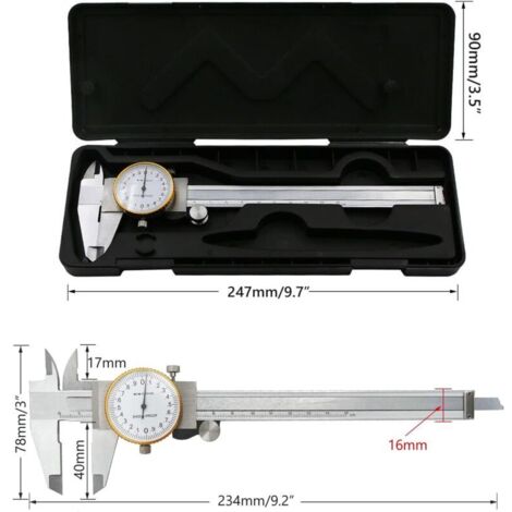 Calibro con cruscotto, acciaio inox, 150 mm / 6”, fornito con scatola, lunghezza regolabile