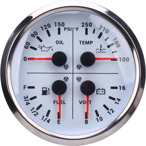Calibro multifunzione da 110 mm 4 3/8 pollici in 1 DC 12 V 0-150 PSI Pressione olio Livello carburante 100-250 ℉ Temperatura acqua 8-16 V Voltmetro per camper Barca Camion Quadrante bianco Lunetta arg