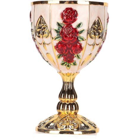 Calice doré de 10 cm de haut en alliage de zinc, motif floral rétro en relief, élégant et raffiné, idéal pour les fêtes, banquets et bars. Fleurs rouges sur fond doré et blanc.