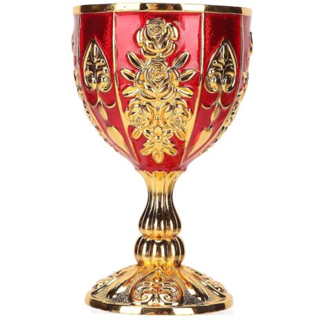 Calice doré de 10 cm de haut en alliage de zinc, motif floral rétro en relief, élégant et raffiné, idéal pour les fêtes, banquets et bars. Or et rouge.