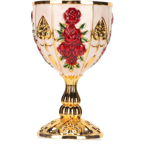 Calice en Alliage de Zinc Rétro 4 Pouces, Motif Fleuri Embossé Élégant pour Fête, Banquet et Bar, Couleur Or et Blanc avec Fleur Rouge