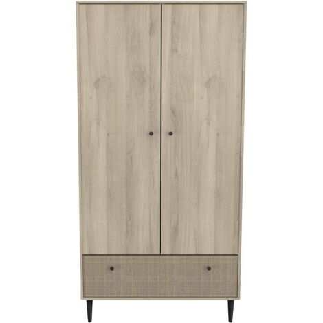 CALICOSY - Armoire 2 portes et 1 tiroir décor chêne kronberg, impression rotin et noir mat Saïgon - H181,1 cm