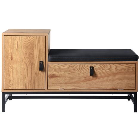 Calicosy – Banc d'entrée avec rangements chaussures – Largeur 38 cm x Longueur 101 cm x Hauteur 59 cm – Décor imitation chêne – Piétement métal noir