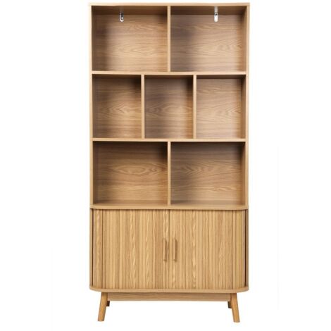 Calicosy – Bibliothèque 2 portes coulissantes H158 cm – Effet chêne – Optimisation espace rangement – Pour livres et objets décoratifs