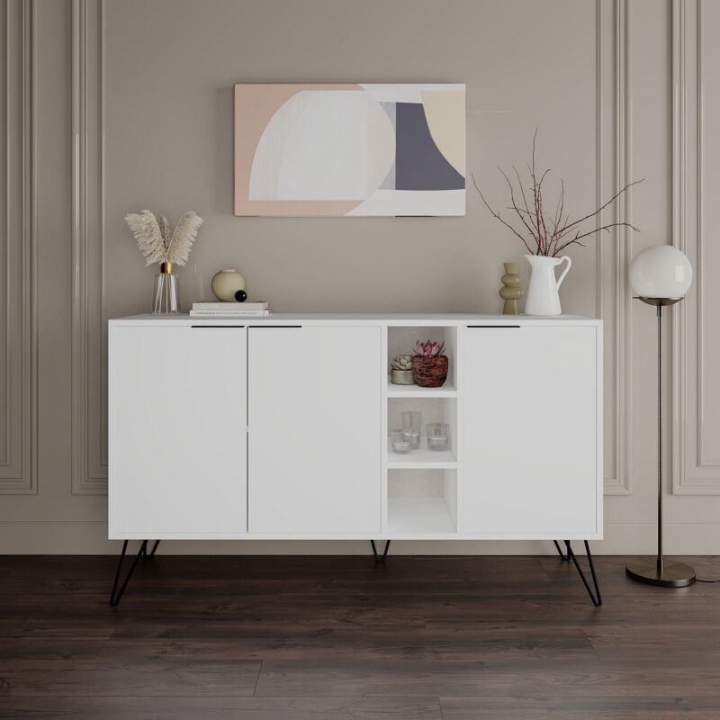 Calicosy - Console Blanche avec Nombreux Rangements, 142x83x35,6 cm, Pour Entrée ou Salon