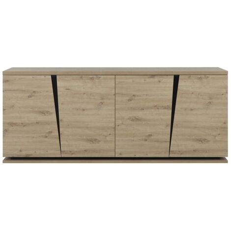 Calicosy – Buffet 4 portes chêne noir L221 cm – Panneaux de particules décoratifs – Système de freins amortisseurs – Rangement optimisé