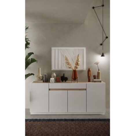 Calicosy – Buffet contemporain blanc laqué et chêne Cadiz – 4 portes 1 tiroir – Dimensions L205 x P40 x H87 cm – Design épuré italien