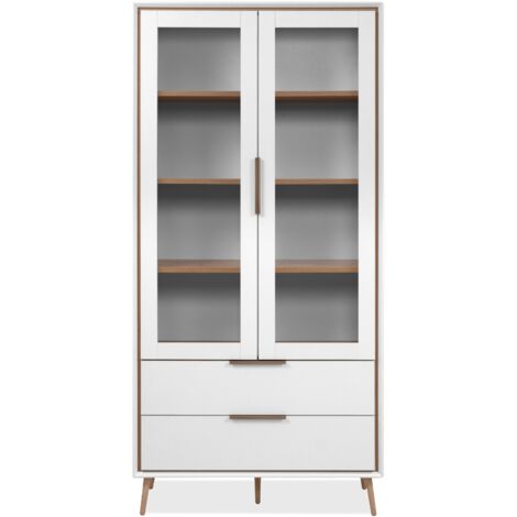CALICOSY - Buffet haut 2 portes vitrées, 2 tiroirs, 6 étagères à l'intérieur L90cm - ARONA