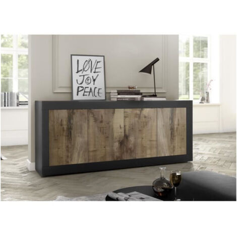 Calicosy – Buffet 4 portes noir mat décor chêne – Dimensions L207 x H86 x P43 cm – Style vintage pour intérieur moderne