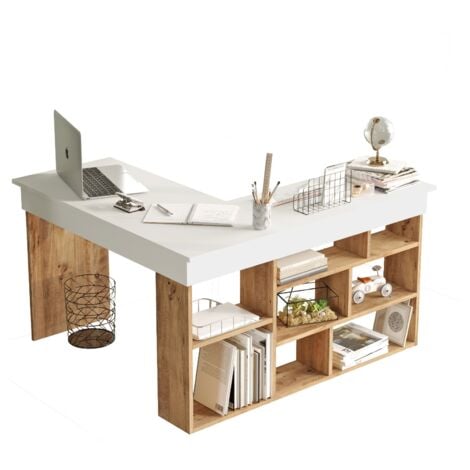 COTECOSY CALICOSY - Bureau avec étagères de rangement décor bois pin et blanc L180 cm