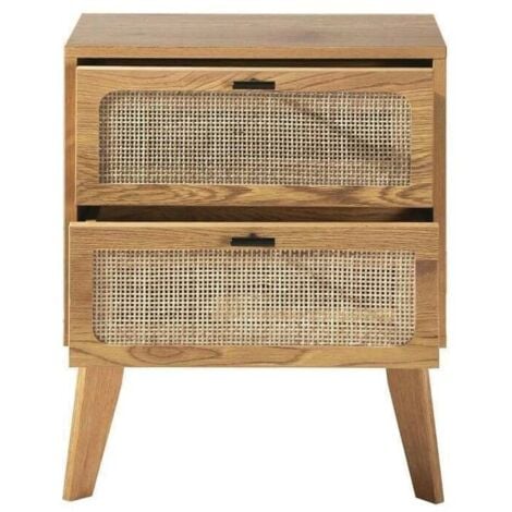CALICOSY - Chevet 2 Tiroirs décor bois avec Façades en Rotin L45 cm - ALIA