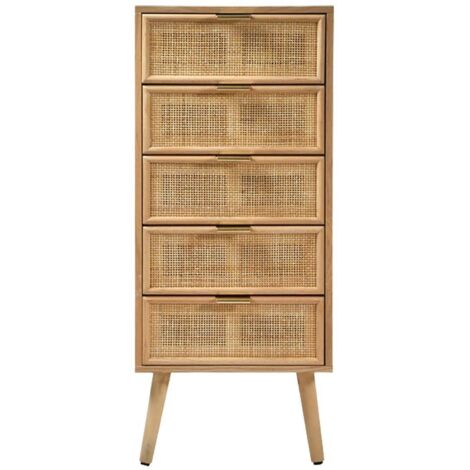 Calicosy – Chiffonnier 5 tiroirs en rotin naturel – Dimensions L36.5 x H100.5 cm – Pieds en pin massif – Meuble certifié FSC