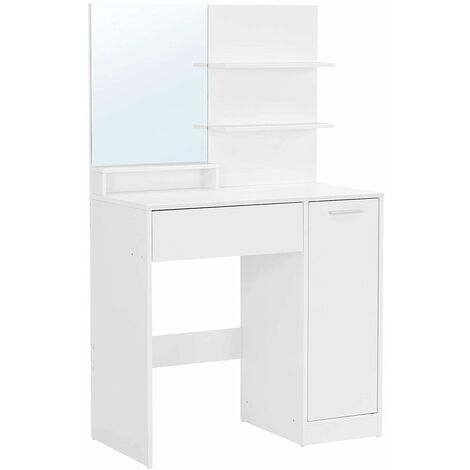 CALICOSY - Coiffeuse blanche avec miroir, 1 tiroir, 2 étagères et armoire de rangement - L80 x H132 cm - Blanc