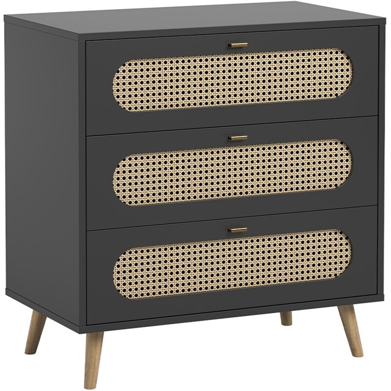 Calicosy - Commode 3 Tiroirs Façade avec Cannage en Rotin L85cm - Canne Noir