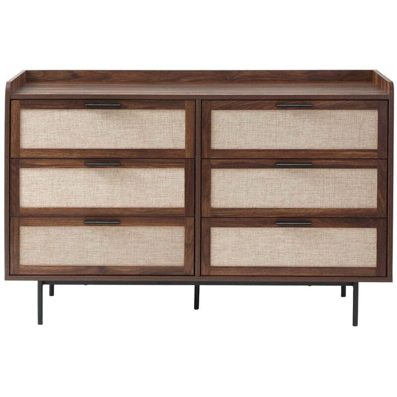 Commode 6 tiroirs d&eacute;cor noyer avec fa&ccedil;ades en tissu L120 cm - JETSON