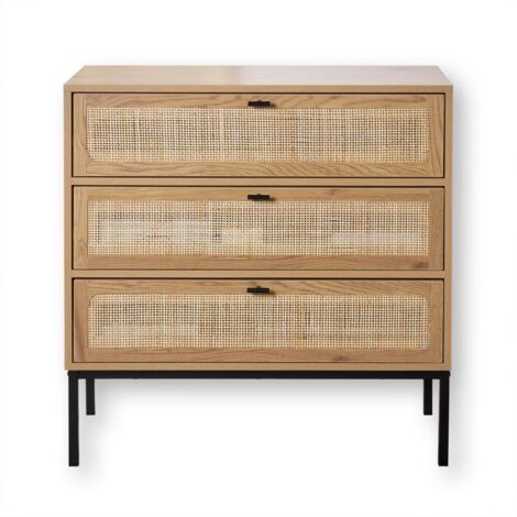 Calicosy – Commode 3 tiroirs en rotin naturel L80 x P39 x H79 cm – Piètement métal robuste – Rangement idéal pour chambre ou entrée