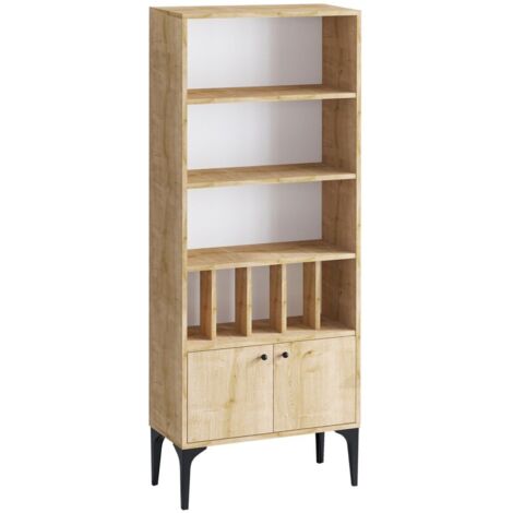 CALICOSY - Etagère bibliothèque 8 tablettes 2 portes décor chêne saphir H175 cm - Pollux