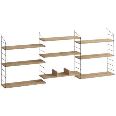 CALICOSY - Etagère murale suspendue 9 tablettes décor chêne L216 cm - Laba
