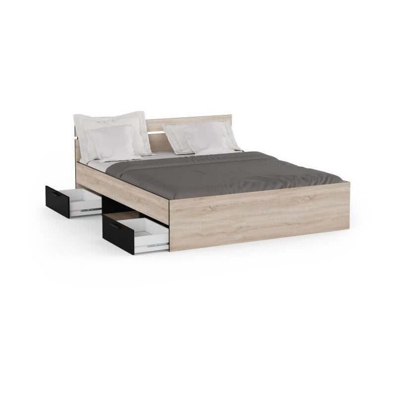 Calicosy - Demeyere Lit adulte michigan - 160 x 200 cm - Mulitiples rangements - Chene et noir