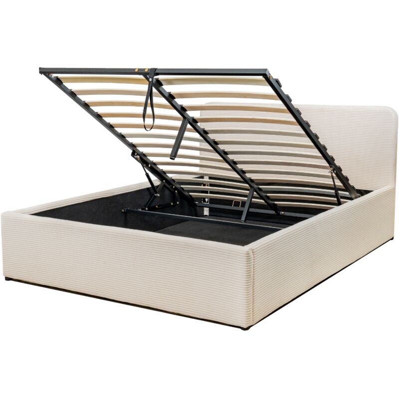 Calicosy - Lit coffre 160x200 cm en velours côtelé beige avec tête de lit et sommier - livy