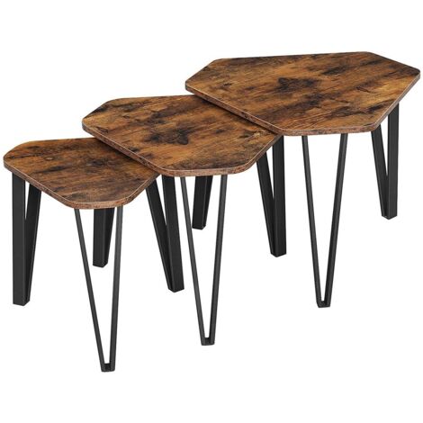 CALICOSY - Lot de 3 tables gigognes avec pieds en acier et décor bois rustique