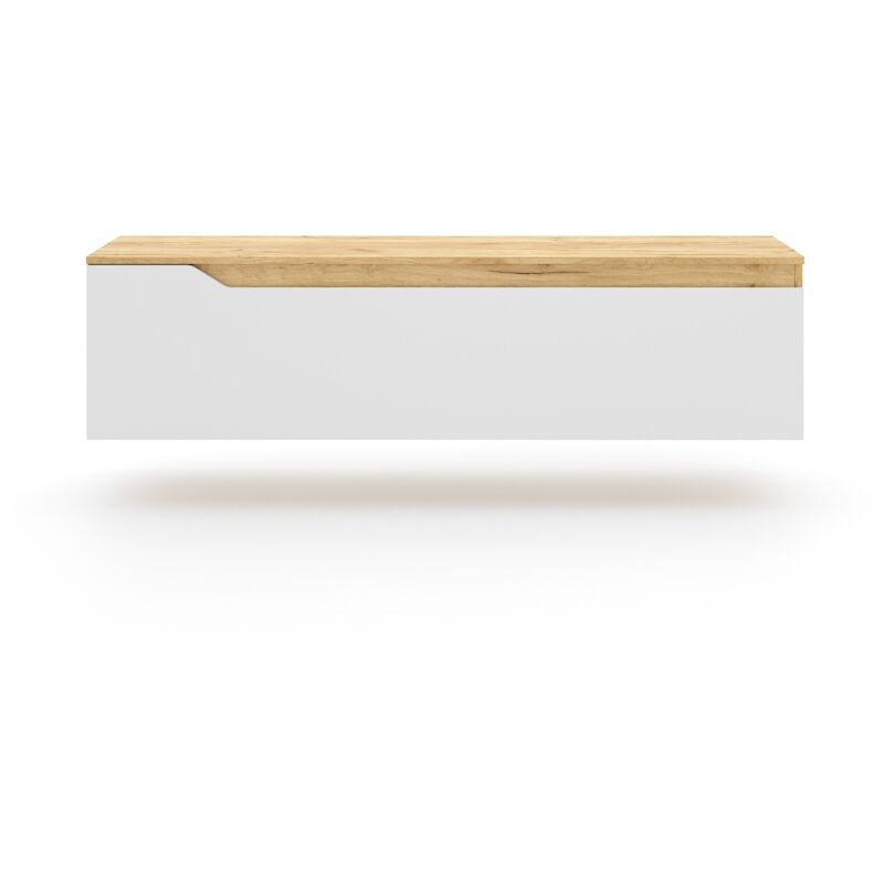 Meuble tv suspendu 1 porte décor chêne doré et blanc L140 cm - Tree - Calicosy