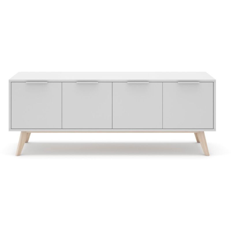 Calicosy - Meuble tv 4 Portes Blanc et Pin Massif L140 cm - Campus