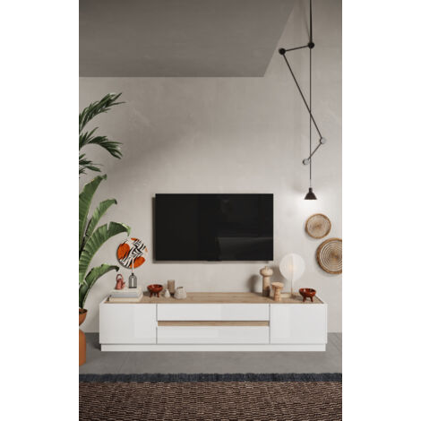 Calicosy – Meuble TV blanc laqué avec 2 portes et 2 tiroirs – Panneau mélaminé – Dimensions 204.7x43.2x39.8cm – Charge 30kg